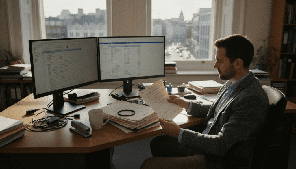 Solicitor handling property documents in city office