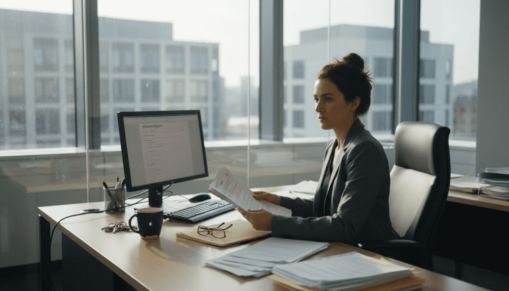 Conveyancer at desk reviewing property documents