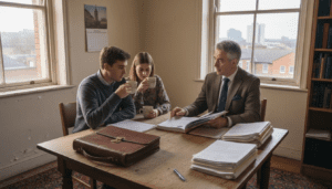 Solicitor meeting with homebuyers, cluttered office