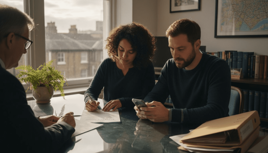 Buyers and solicitor signing conveyancing documents