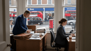 Two conveyancers in high street law office workspace