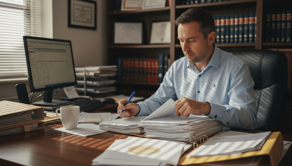 Solicitor reviewing property documents at busy desk