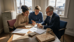 Solicitor and clients discuss house purchase paperwork