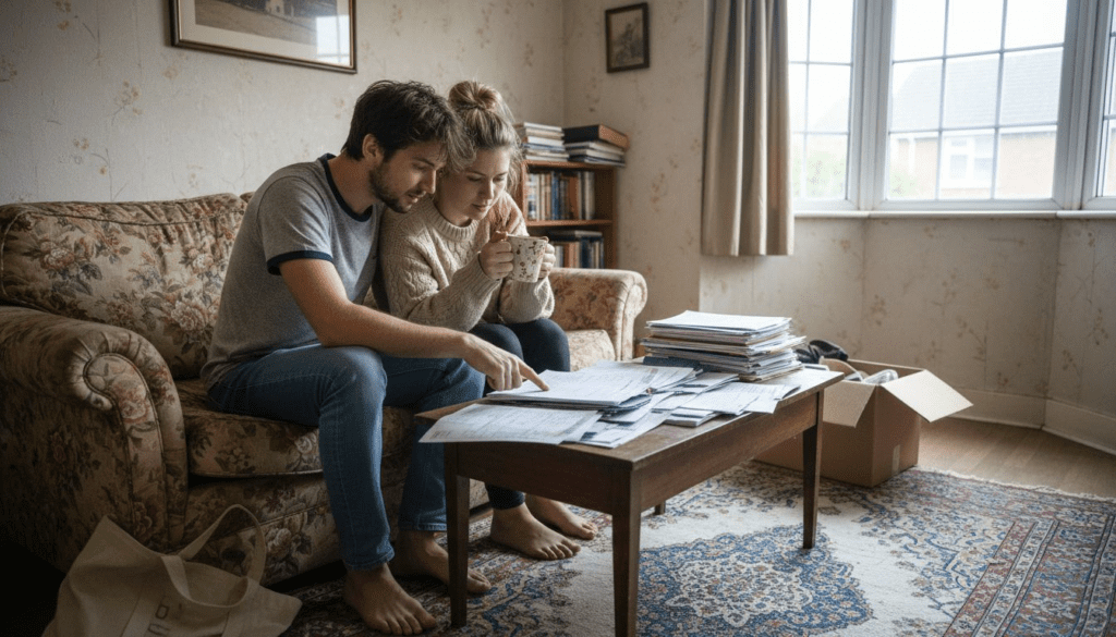 Couple reviewing finances in lived-in lounge