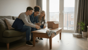 Young couple and agent viewing living room flat