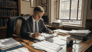 Solicitor studying property documents at desk