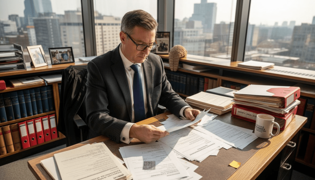 Solicitor reviews conveyancing documents at office desk