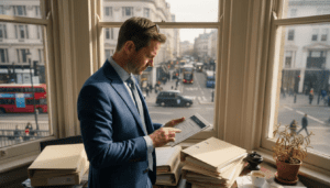 Estate agent by window overlooking busy London street