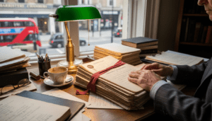 Solicitor at desk reviewing UK property documents