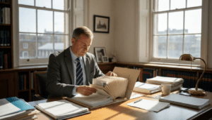 Solicitor organizing documents for house sale