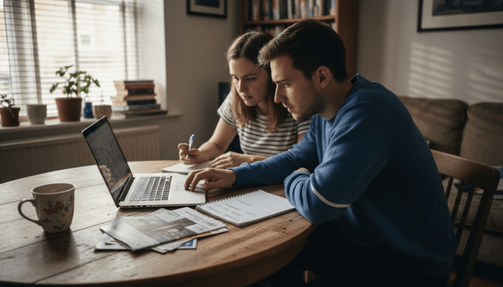 Couple reviewing property listings at kitchen table