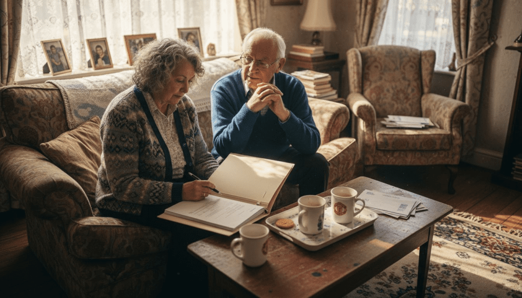 Older couple reviewing home equity paperwork