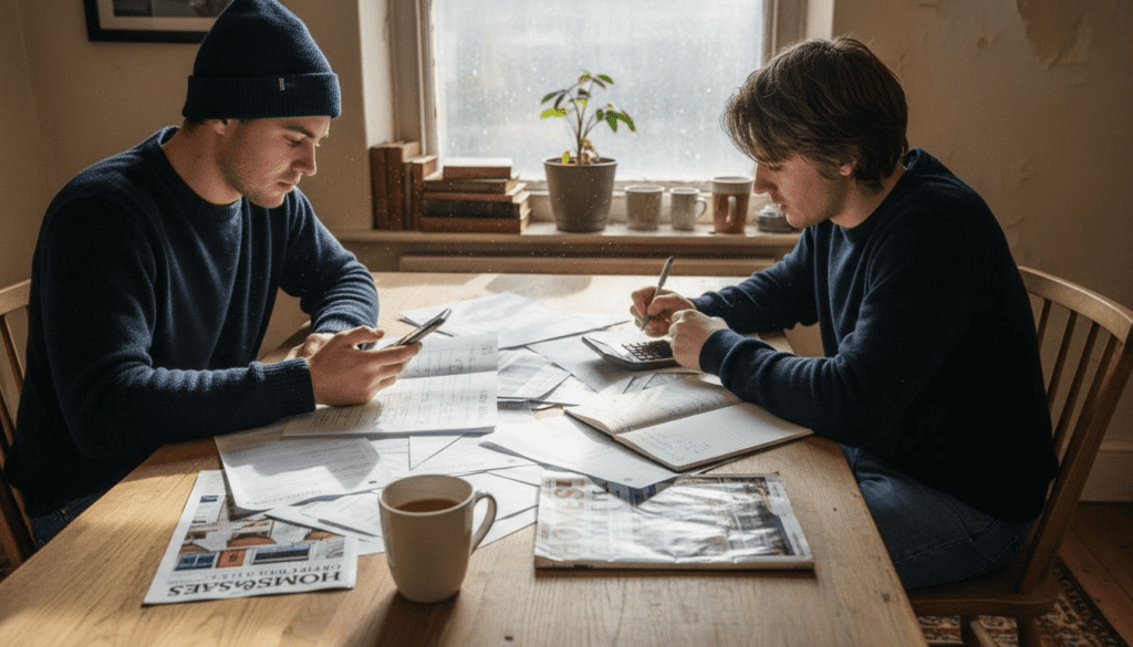 Young couple budgeting for first home purchase