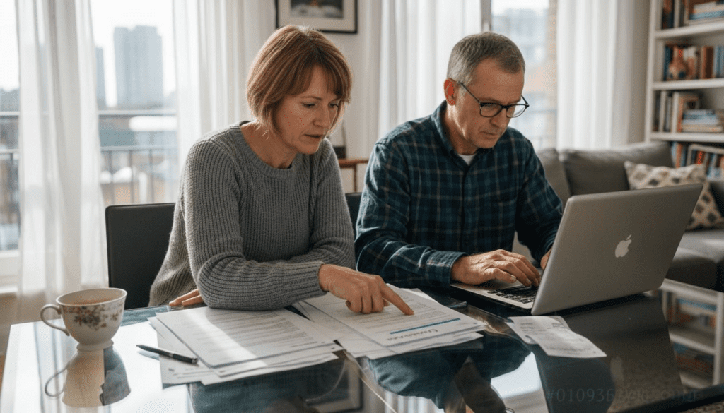Couple reviewing remortgage paperwork at table