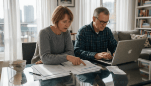 Couple reviewing remortgage paperwork at table