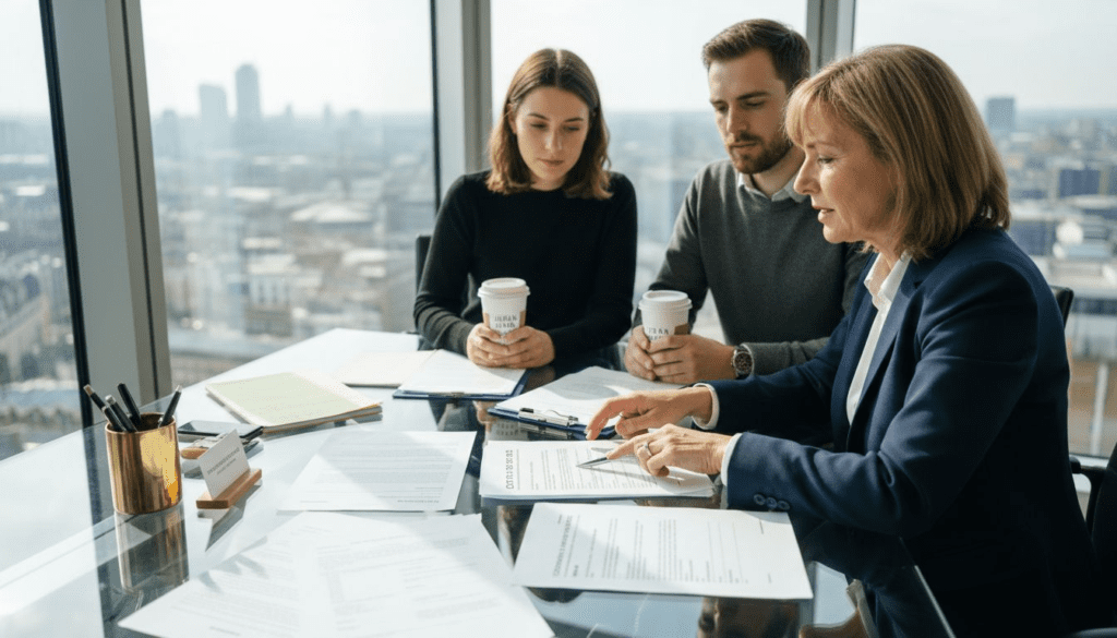 Solicitor meeting clients in corner office