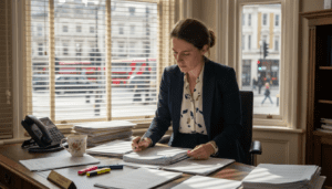 Solicitor reviewing property documents in London office