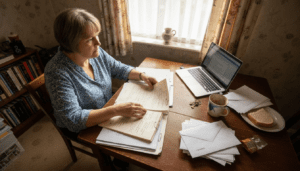 Woman reviewing property documents at dining table