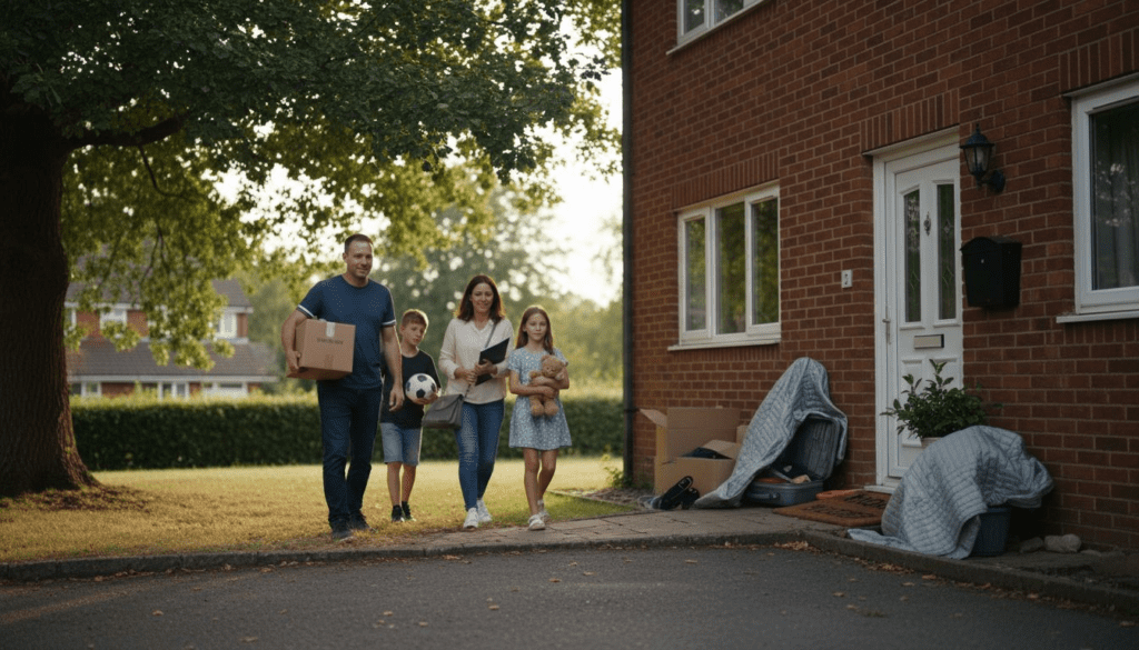 Family carrying boxes to new home
