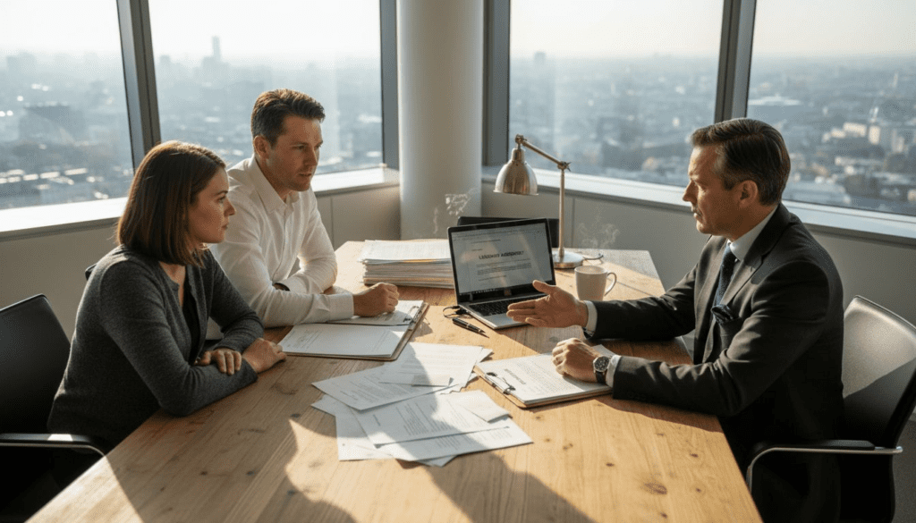 Home buyers discussing paperwork with solicitor