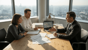 Home buyers discussing paperwork with solicitor