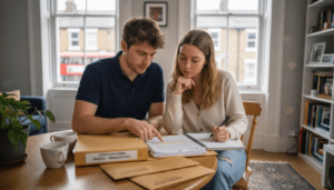 Couple reviewing property conveyancing paperwork