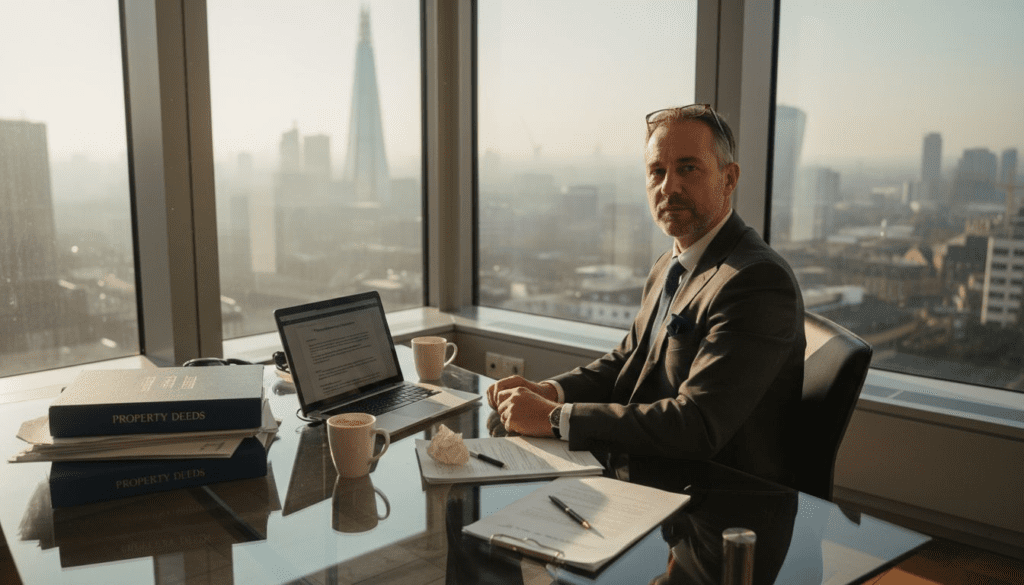 Solicitor reviewing conveyancing files in sunny office