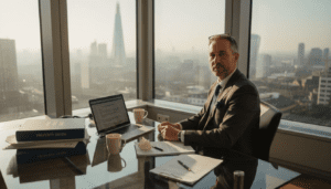 Solicitor reviewing conveyancing files in sunny office