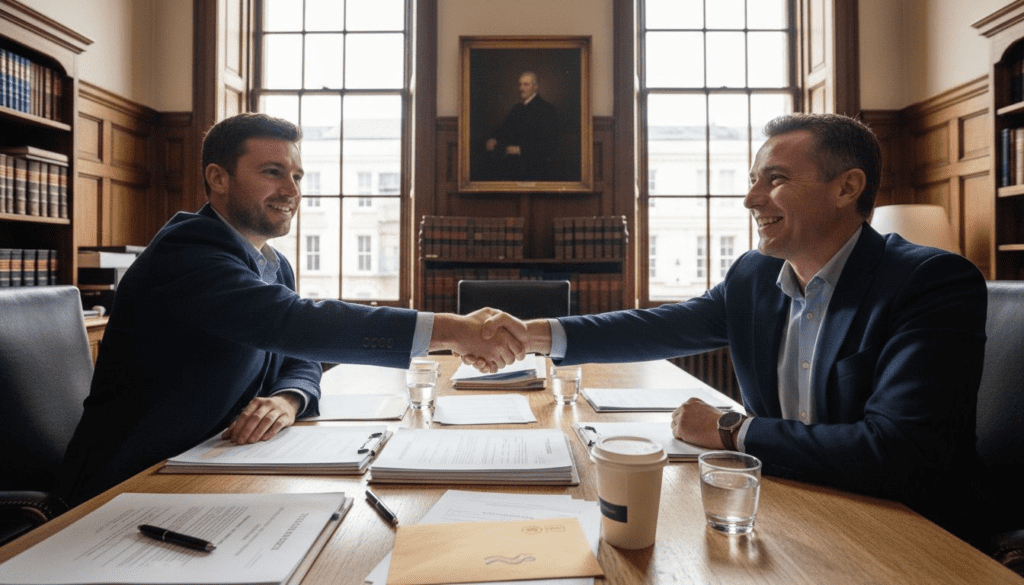 Buyer and solicitor finalizing property completion