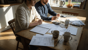 Couple reviewing stamp duty documents at kitchen table