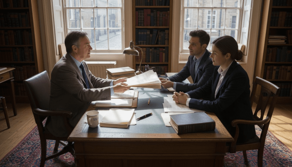 Solicitor handing title deeds to couple in office