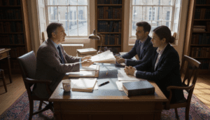 Solicitor handing title deeds to couple in office