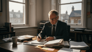 Conveyancer working with property documents at desk