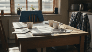 Couple reviewing remortgage paperwork at kitchen table
